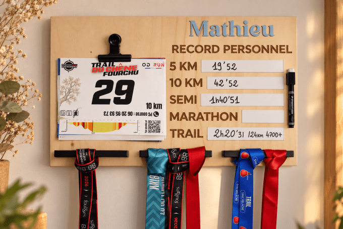 rte-médailles personnalisé en bois avec porte-dossards