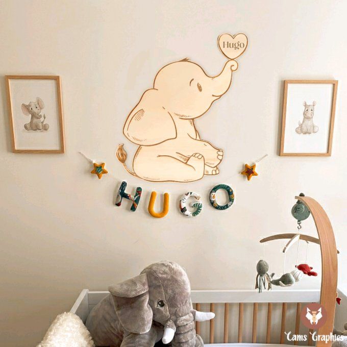 Enseigne éléphant en bois personnalisé prénom enfant