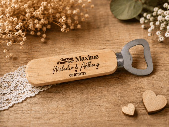 décapsuleur à manche en bois cadeau mariage pour témoin / garçon d'honneur