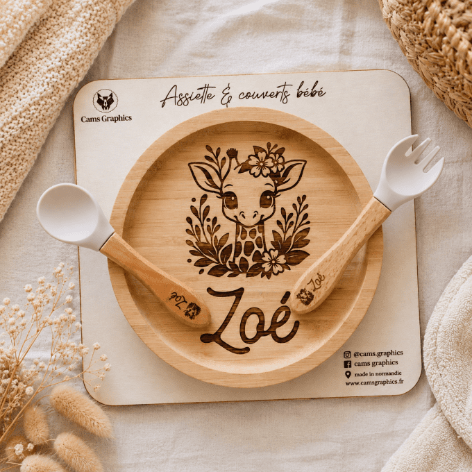 Assiette et couverts bébé en bambou personnalisé
