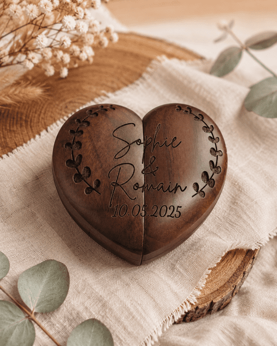 Boîte à alliances en bois personnalisée en forme de cœur