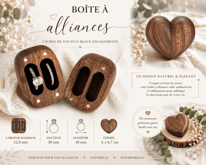 Boîte à alliances en bois personnalisée en forme de cœur
