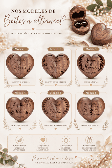 Boîte à alliances en bois personnalisée en forme de cœur