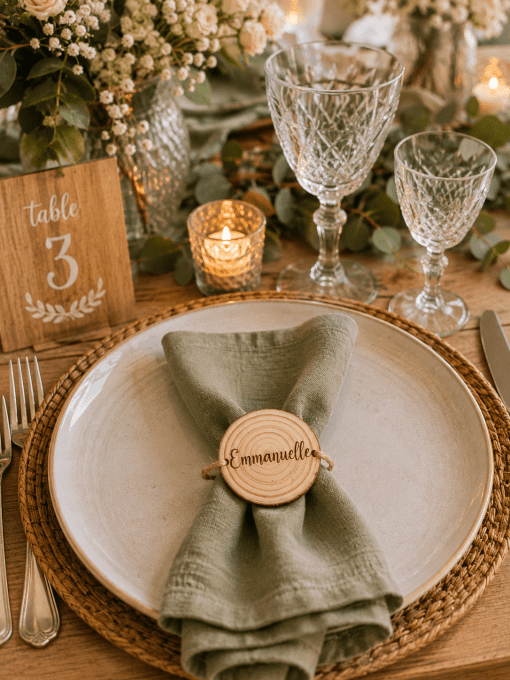 Marque-place rondelle en bois personnalisé pour mariage champêtre