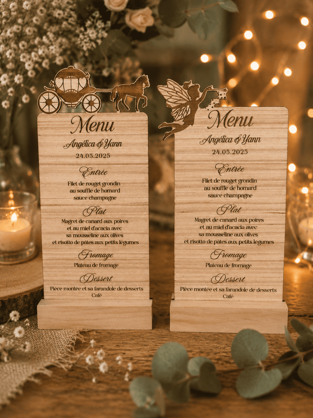 menu personnalisé en bois - mariage thème féerique