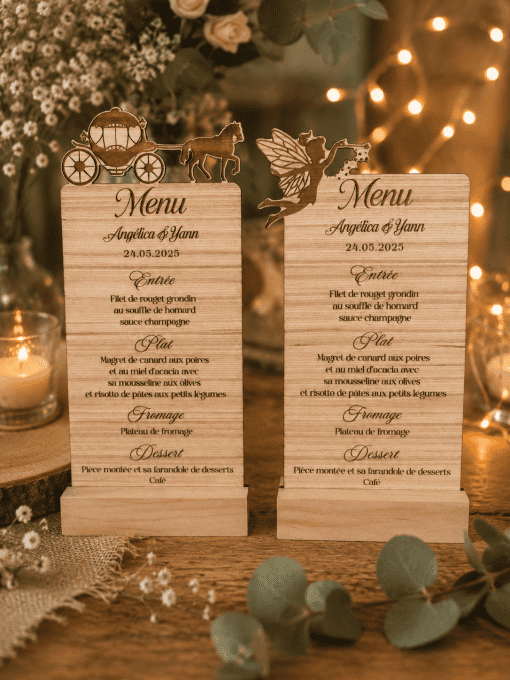 menu personnalisé en bois - mariage thème féerique