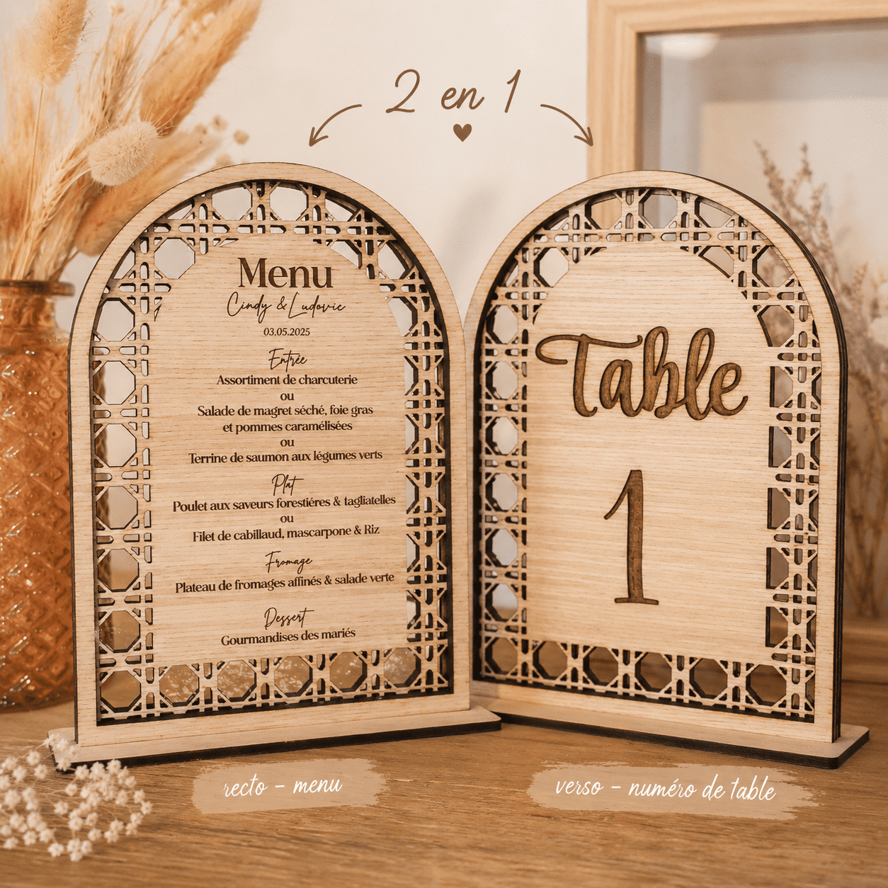 Menu de mariage et nom de table 2 en 1 en bois effet cannage rotin avec socle