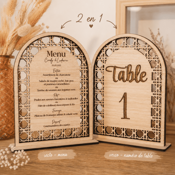 Menu de mariage et nom de table 2 en 1 en bois effet cannage rotin avec socle
