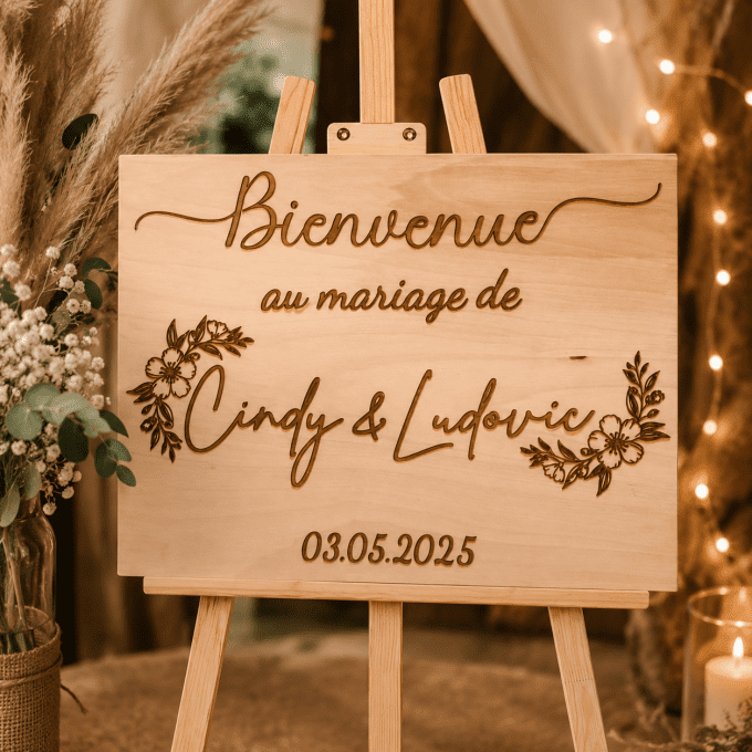 Panneau de bienvenue personnalisé en bois thème mariage champêtre
