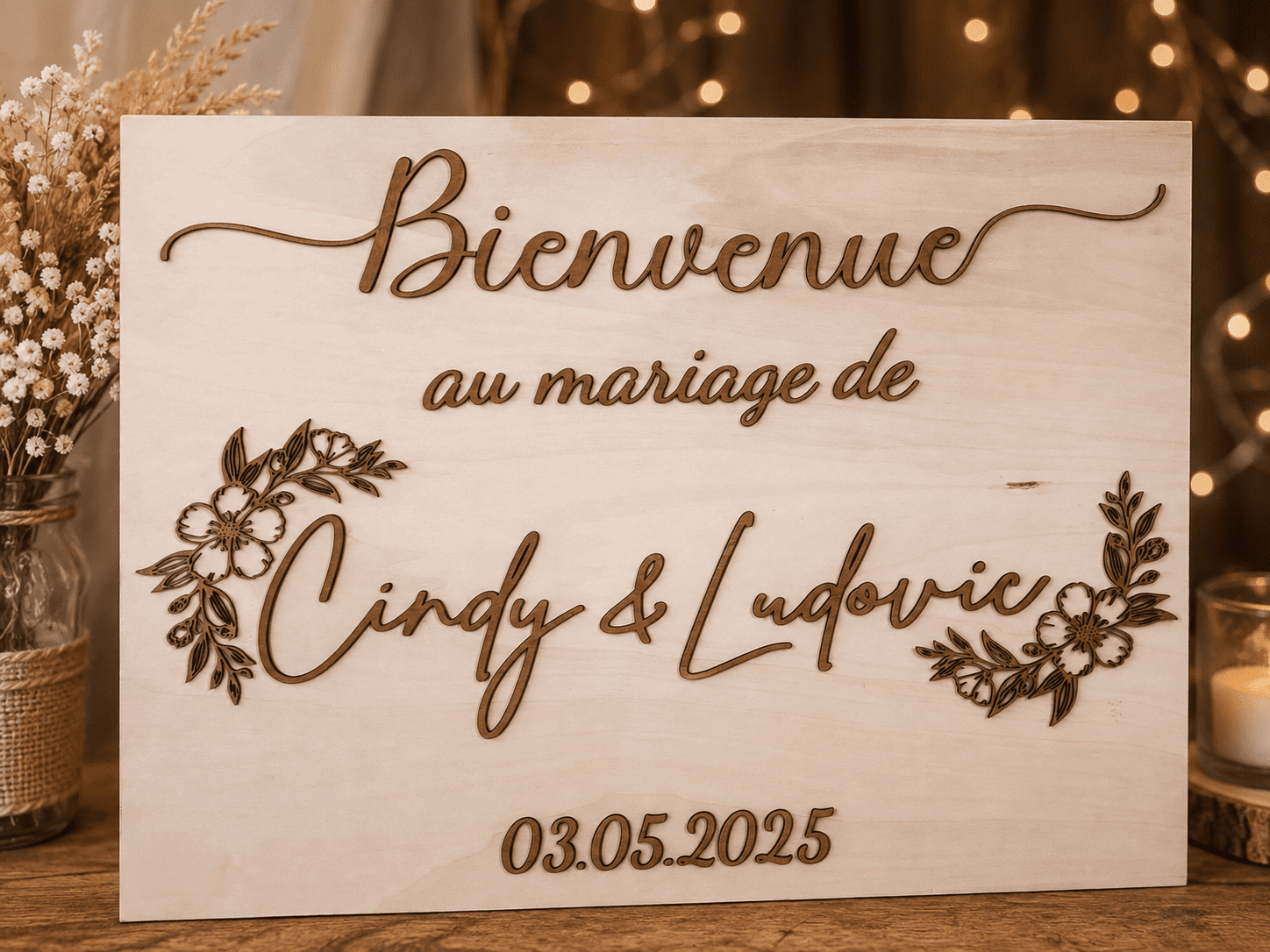 Panneau de bienvenue personnalisé en bois thème mariage champêtre