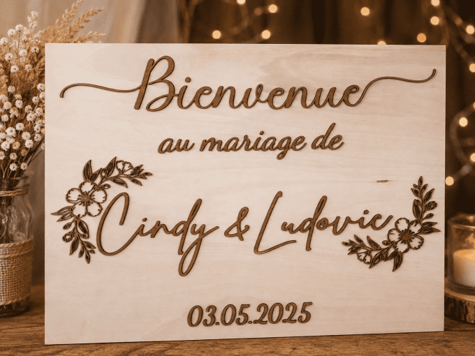 Panneau de bienvenue personnalisé en bois thème mariage champêtre