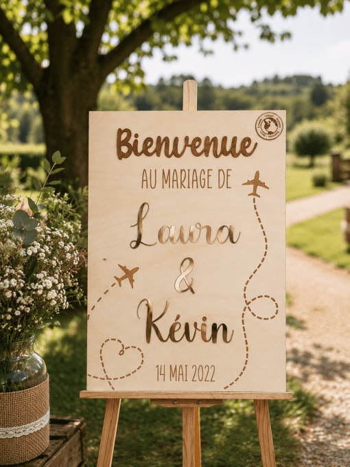Panneau de bienvenue personnalisé en bois thème mariage voyage