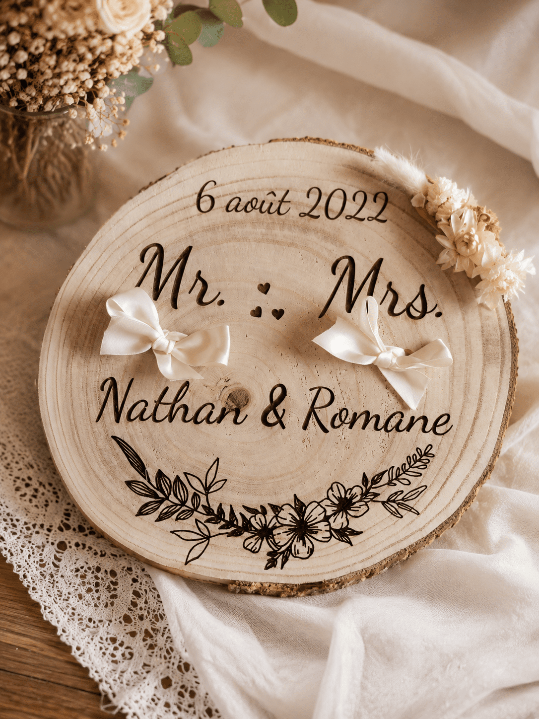 Rondin porte-alliances personnalisé mariage thème champêtre