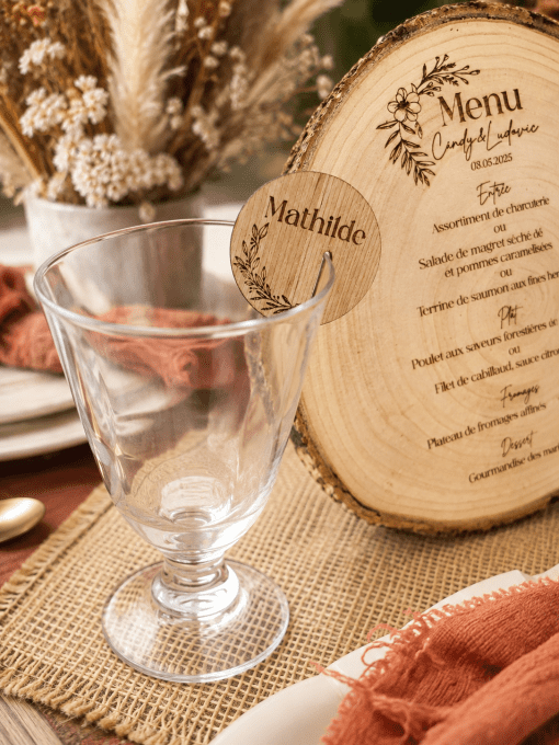 Marque-verre rondelle en bois personnalisé aimanté pour mariage champêtre