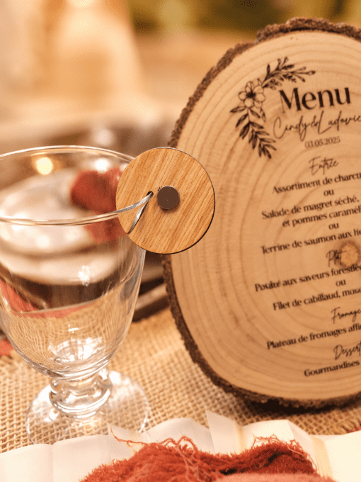 Marque-verre rondelle en bois personnalisé aimanté pour mariage champêtre