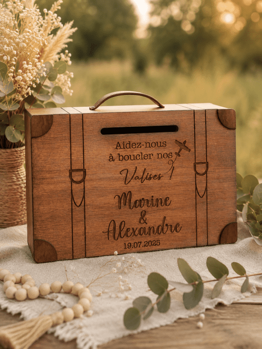 Urne valise en bois personnalisable mariage thème voyage