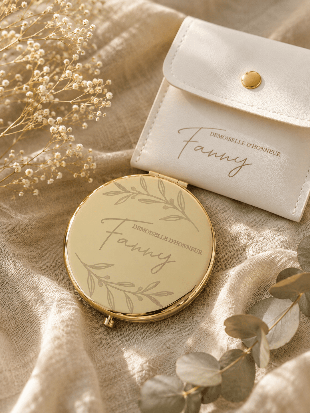 Miroir de poche compact doré personnalisé - demoiselle d'honneur / témoin