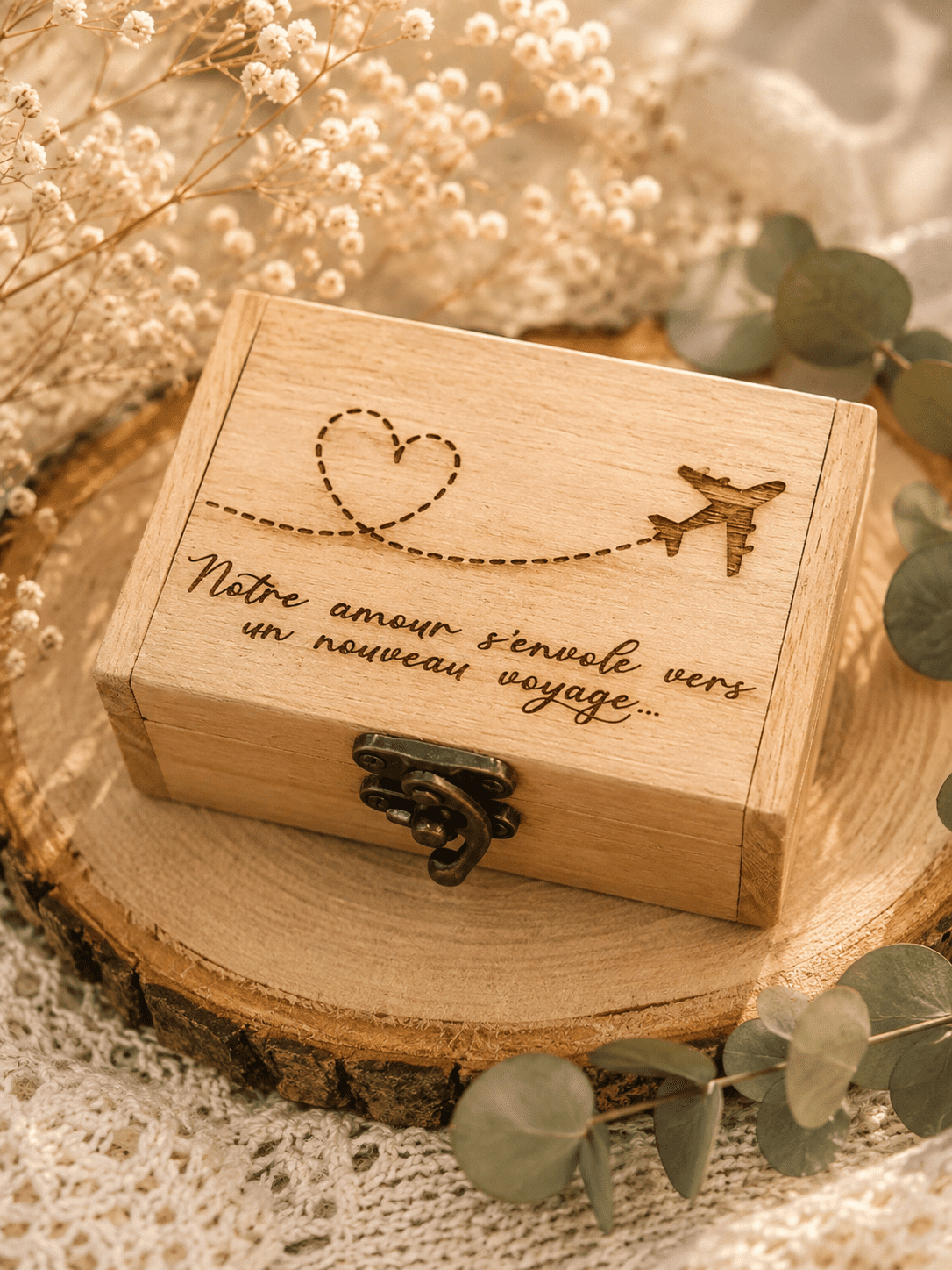 Boite à alliance en bois personnalisé mariage thème voyage