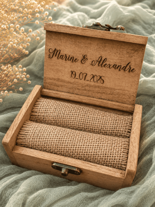 Boite à alliance en bois personnalisé mariage thème voyage