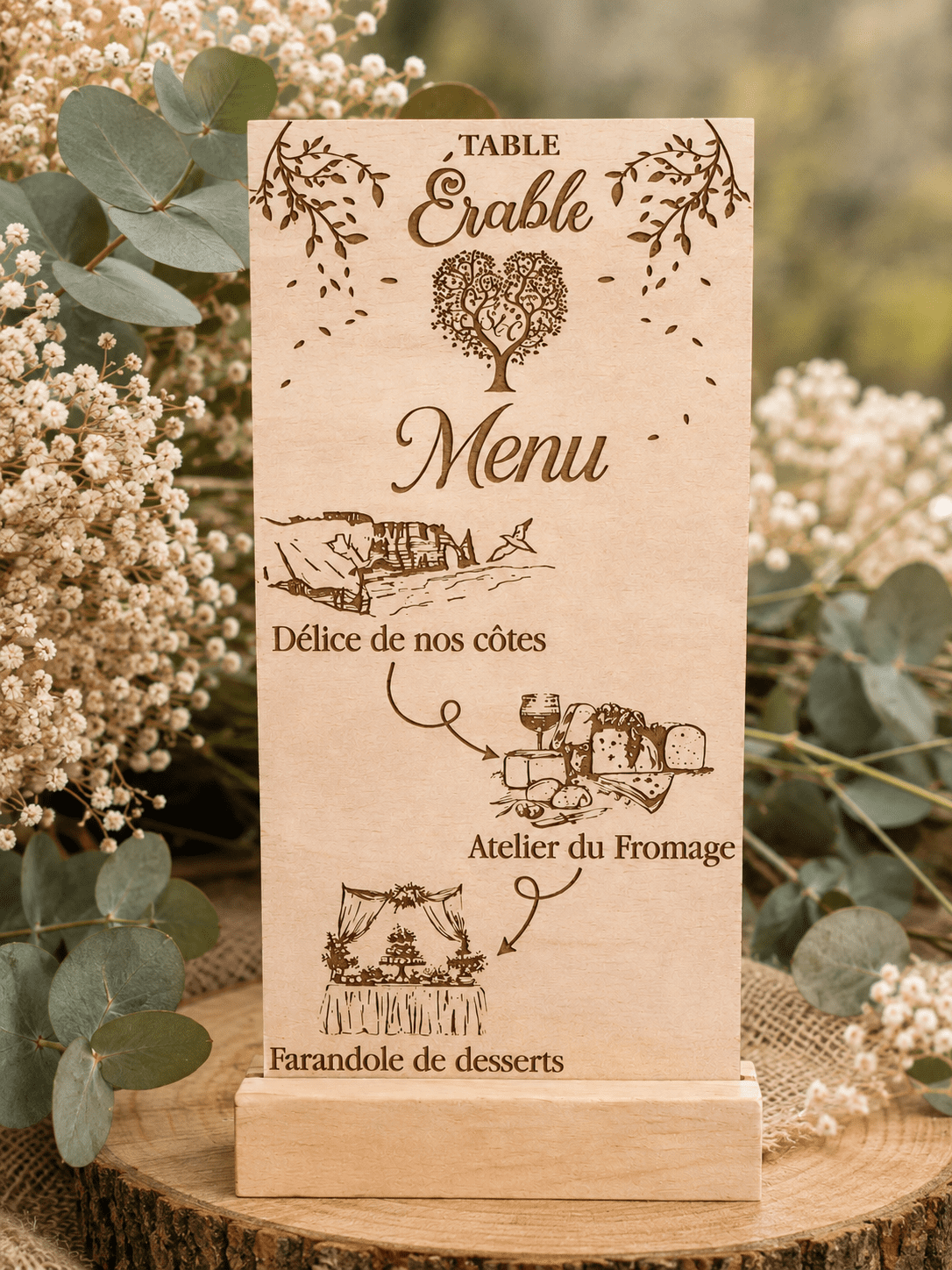 menu 2 en 1 avec nom de table personnalisé en bois - mariage thème nature champêtre 