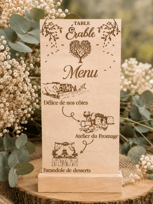 menu 2 en 1 avec nom de table personnalisé en bois - mariage thème nature champêtre