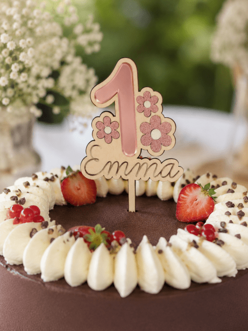 Cake topper personnalisé 1 an - Premier anniversaire thème floral rose