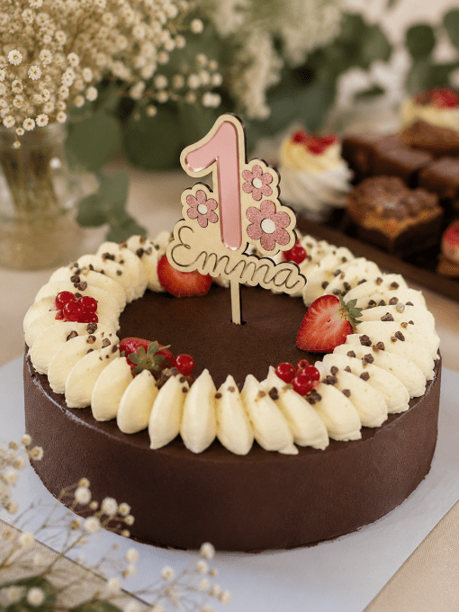Cake topper personnalisé 1 an - Premier anniversaire thème floral rose