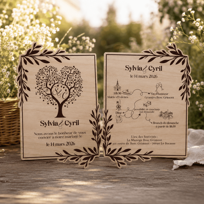 Faire part en bois de mariage thème nature (lot)